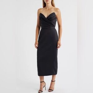 Amsale Black Satin Sweetheart Neckline Bodycon Ruched Midi Gown Size 8